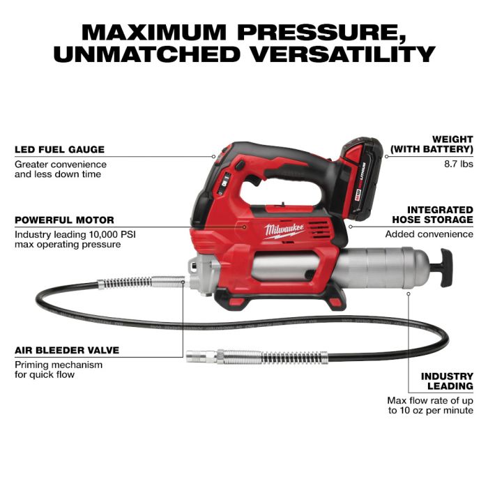 Milwaukee M18 18 Volt Lithium Ion Cordless 2 Speed Grease Gun Kit One Battery