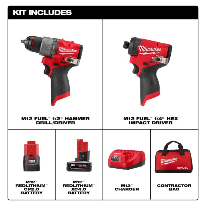 Milwaukee M12 FUEL 2pc Subcompact Impact Driver Hammer Drill Combo Kit