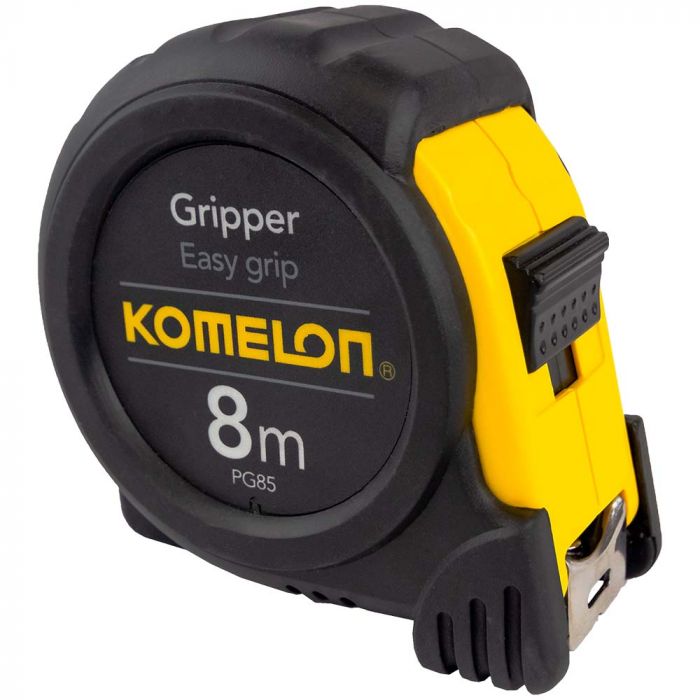 Komelon Tape Measure: 26' Long, 25mm Width, Yellow Blade - 1/10' Graduation, Metric Graduation, Black & Yellow Case | Part #PG85