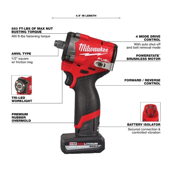 Milwaukee M12 FUEL Stubby 1 2 Impact Wrench Kit