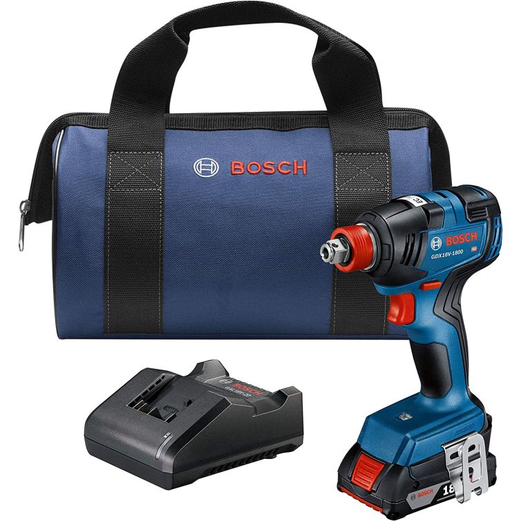 Bosch 18V EC Brushless 2-in-1 Impact Driver Kit, 1/4in & 1/2in, includes 2.0 Ah SlimPack battery for efficient performance.