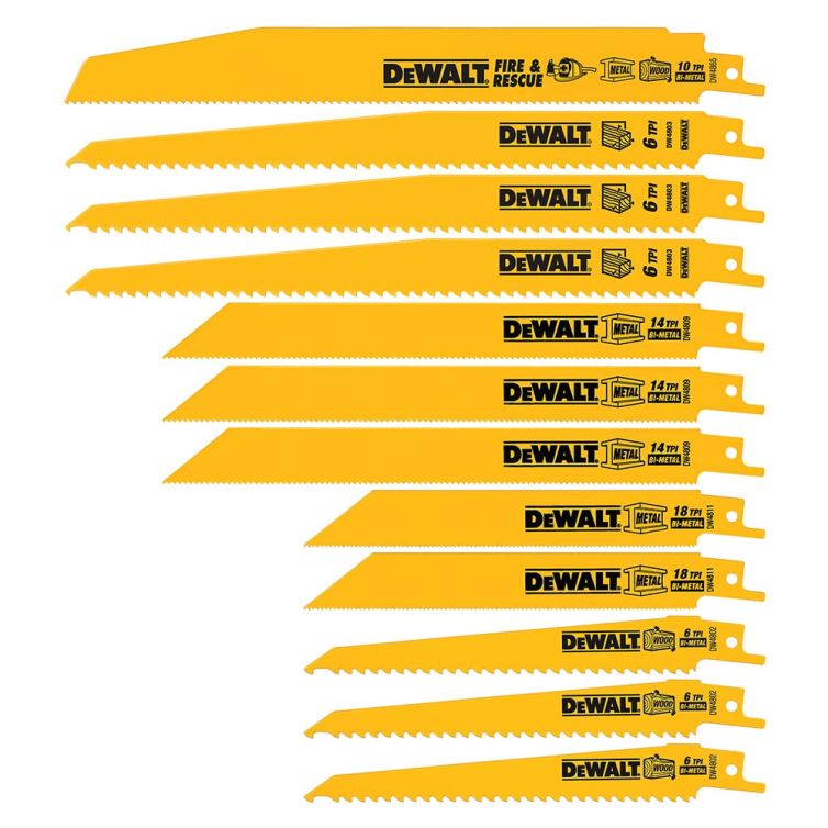 DeWalt 12pc Reciprocating Saw Blades Set for versatile cutting in wood, metal, and tough materials