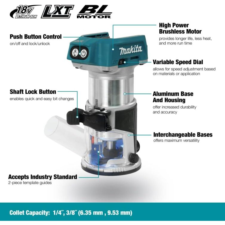 Makita 18V Cordless Compact Router with Brushless Motor