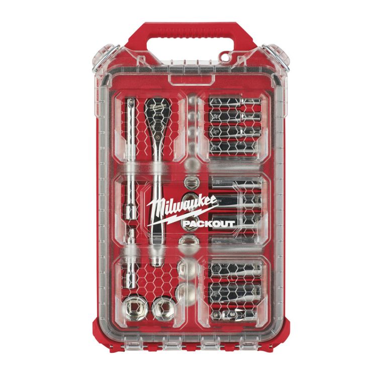 Milwaukee 28-piece 3/8-inch ratchet and socket set with PACKOUT organizer, featuring durable tools and efficient storage solution