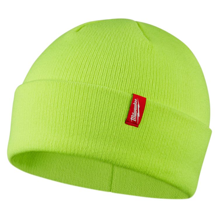 Milwaukee Hi-Vis Cuffed Beanie, offering warmth and visibility for outdoor work, ideal for safety and comfort in low-light conditions