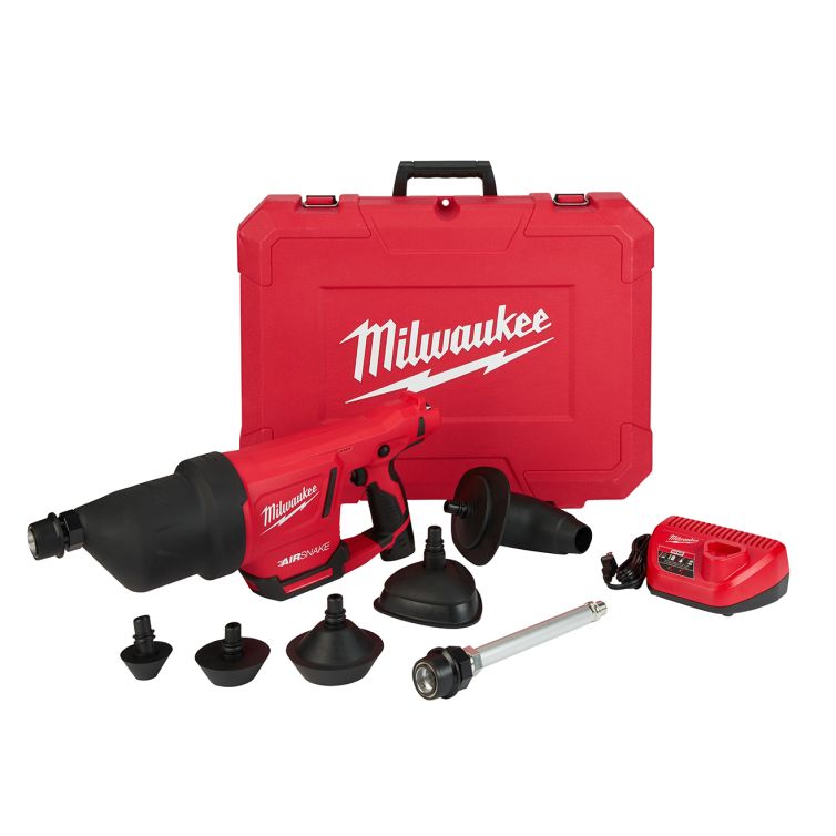 Milwaukee M12 12V Lithium-Ion Cordless AIRSNAKE Drain Cleaning Air Gun Kit, efficient and portable tool for quick and easy drain maintenance