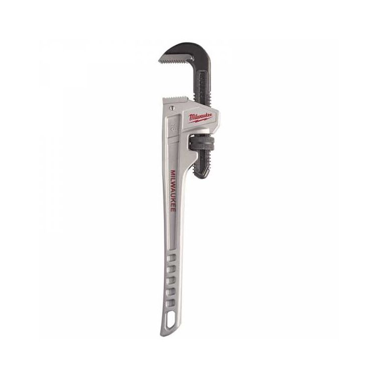 Milwaukee 18 in. Aluminum Pipe Wrench, lightweight and durable for strong, precise gripping and turning of pipes and fittings