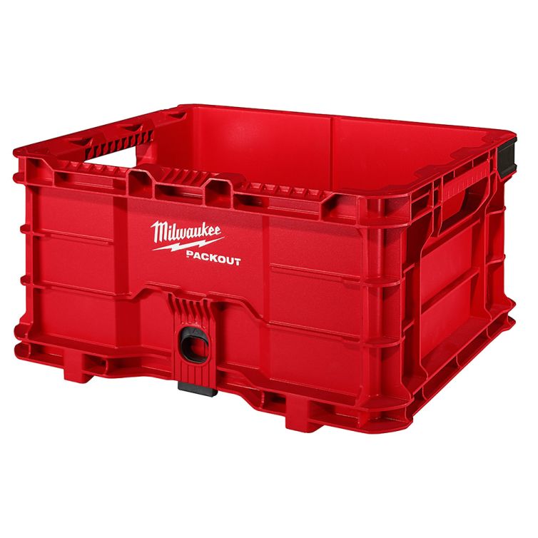 Milwaukee 18 inch PACKOUT tool storage crate, durable, stackable, and ideal for organizing tools and equipment on the go
