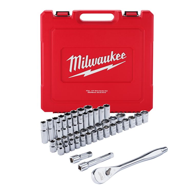 Milwaukee 47 pc. 1/2 in. Socket Wrench Set, includes SAE and Metric sockets for comprehensive fastening and repair tasks