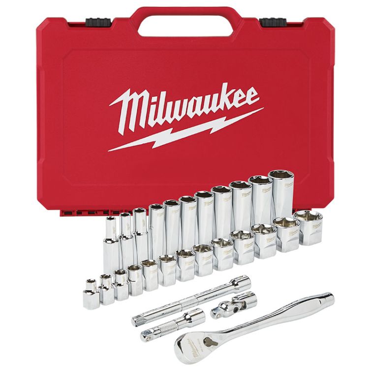 Milwaukee 3/8 in. Drive 28 pc Ratchet & Socket Set - SAE, Comprehensive and Durable Tool Set for Precision and Versatility