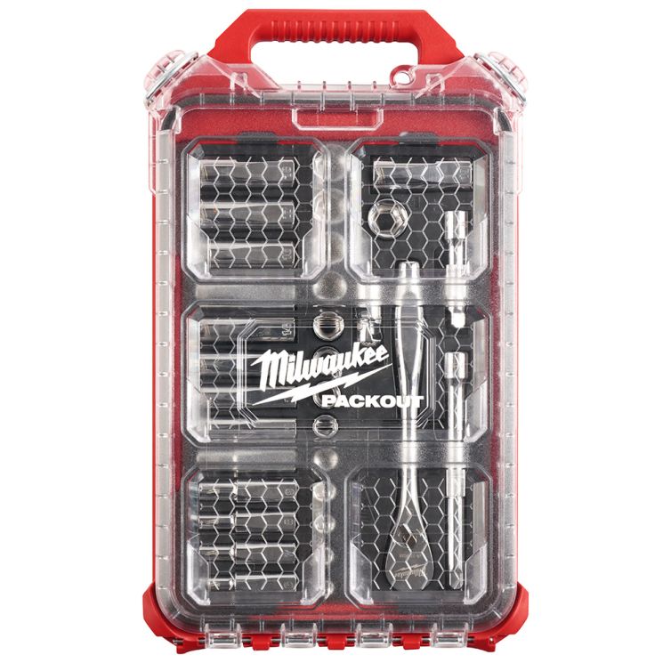 Milwaukee 32-piece 3/8-inch ratchet and socket set in PACKOUT organizer, metric sizes, offering durable tools and efficient storage