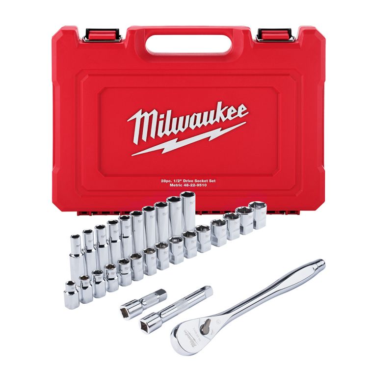 Milwaukee 28pc Metric 1/2 inch Socket Wrench Set, includes various sizes, durable construction, ideal for automotive and mechanical tasks