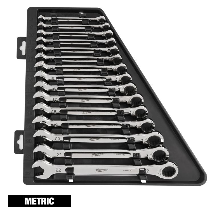 Milwaukee 15pc Ratcheting Combination Wrench Set, Metric, with durable construction and ratcheting design for efficient fastening and loosening