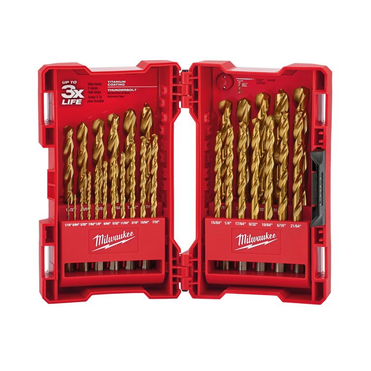 Milwaukee Thunderbolt titanium-coated drill bit set, 29-piece, offering durability and precision for versatile drilling tasks