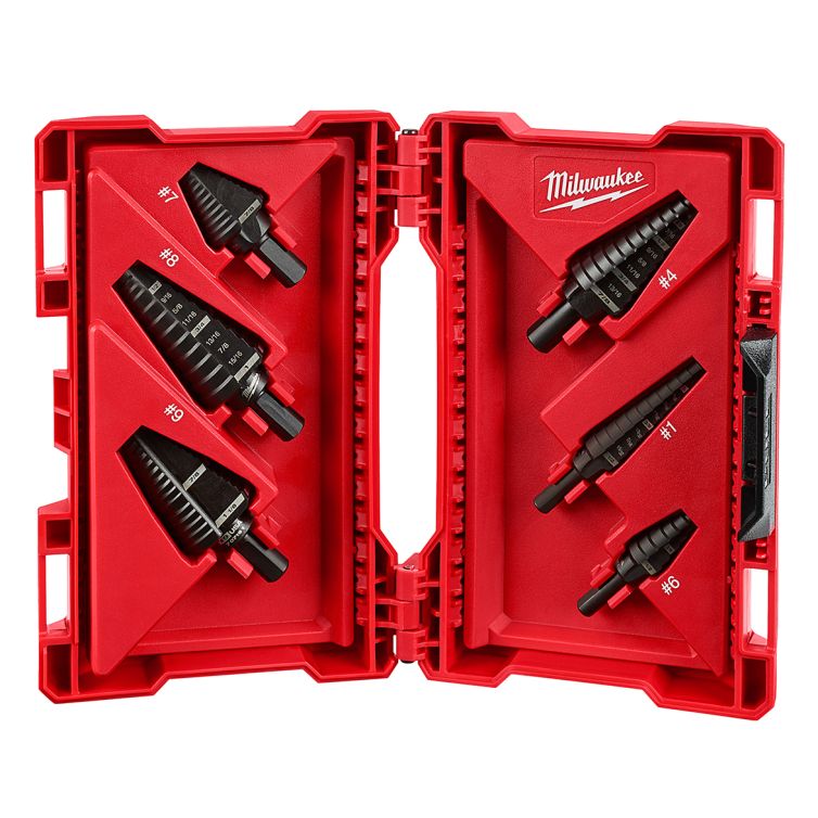 Milwaukee 6-Piece Step Drill Bit Set, versatile set for drilling various hole sizes in metal, plastic, and wood with precision