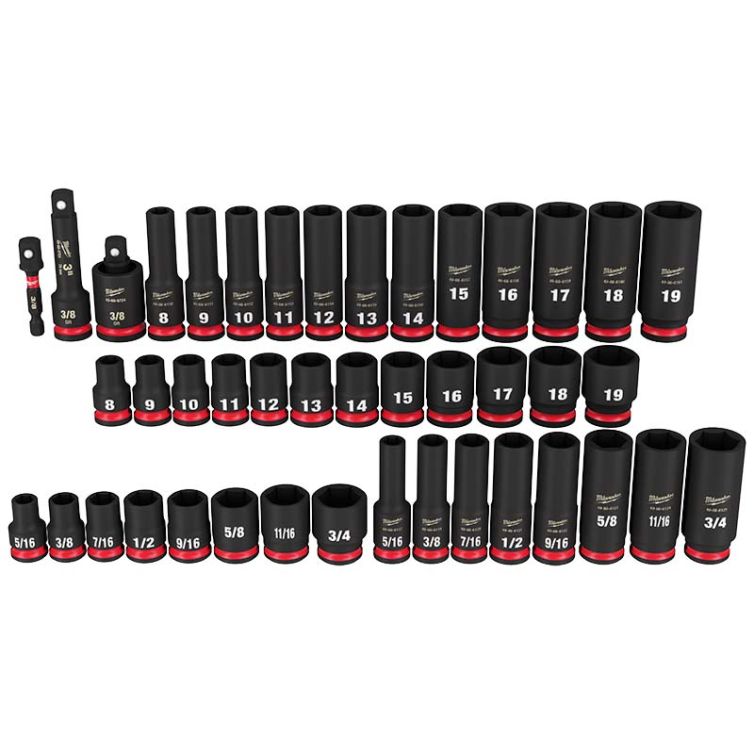 Milwaukee 43pc SHOCKWAVE Impact Duty 3/8" Drive SAE & Metric Deep 6 Point Socket Set, designed for heavy-duty applications and high-torque use