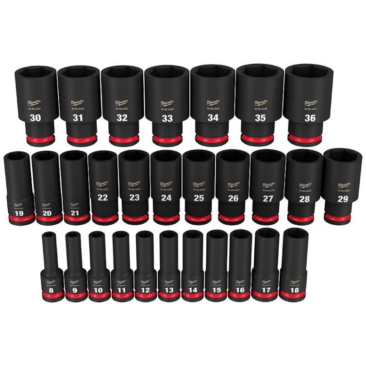 Milwaukee 29pc SHOCKWAVE Impact Duty 1/2" Drive Metric Deep 6 Point Socket Set, built for durability and high-torque applications