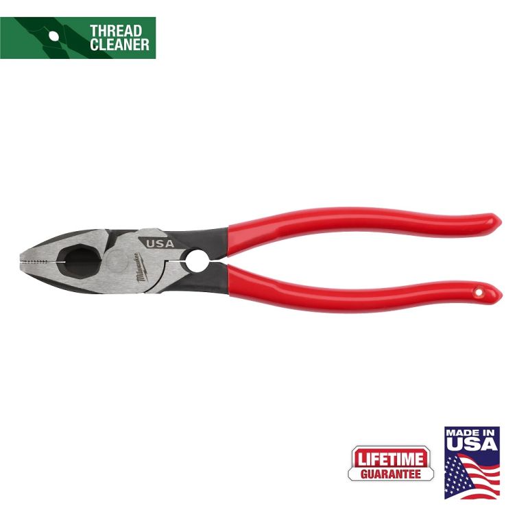 Milwaukee 9-inch lineman's pliers with thread cleaner, designed for gripping, twisting, and cutting wire and hardware efficiently