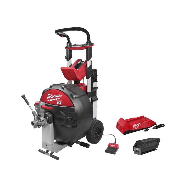 Milwaukee MX FUEL Lithium-Ion Cordless Sewer Drum Machine with POWERTREDZ, featuring a robust design for efficient pipe cleaning